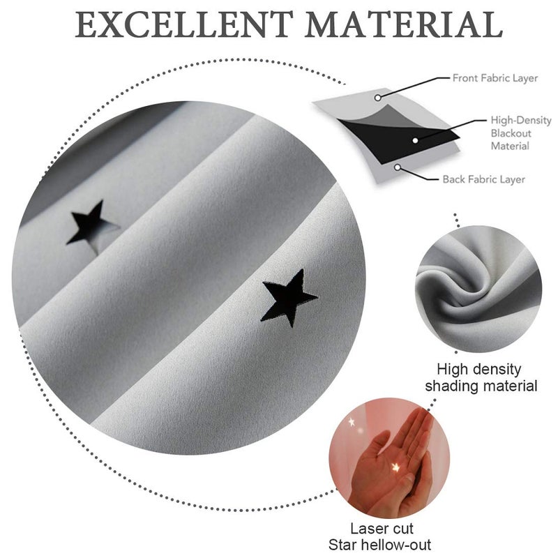 UNISTAR 2 Panels Stars Blackout Curtains for Bedroom Girls Kids Baby Window Curtain Double Layer Star Cut Out Aesthetic Living Room Decor Wall Home Decorations Curtain,W52 x L63 Inches,Grey - Image 5